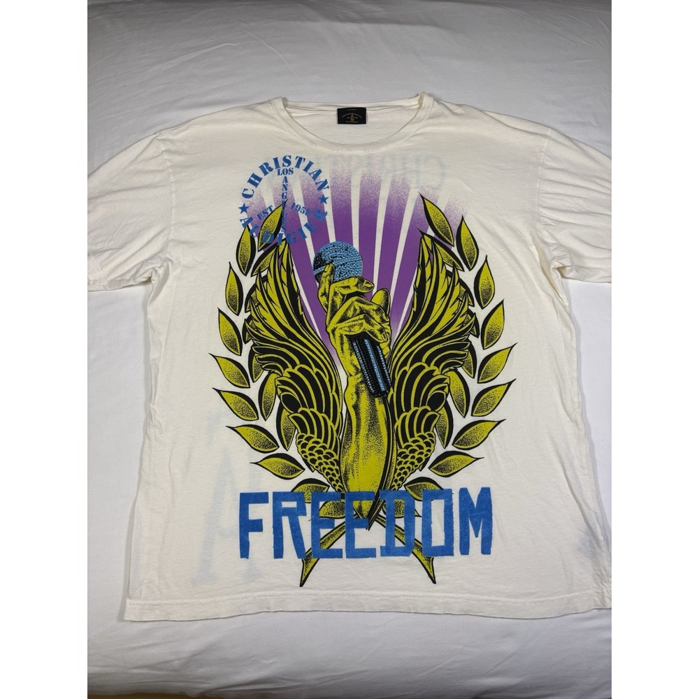 Vintage Christian Audigier Freedom Shirt Mens XL Cream Microphone Laurel Y2K